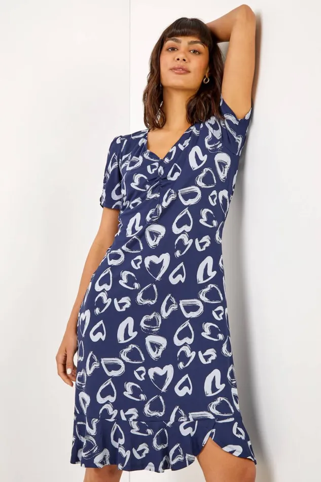 Women Navy Heart Print Frill Jersey Dress Roman Dresses