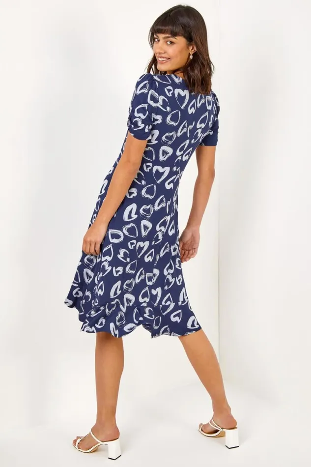 Women Navy Heart Print Frill Jersey Dress Roman Dresses