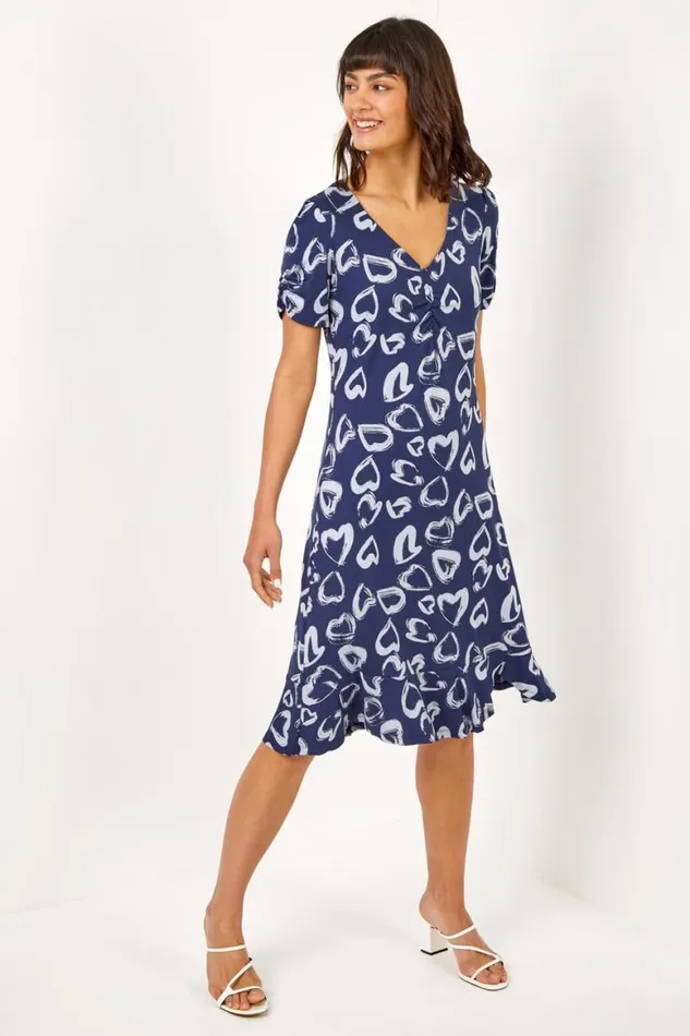 Women Navy Heart Print Frill Jersey Dress Roman Dresses