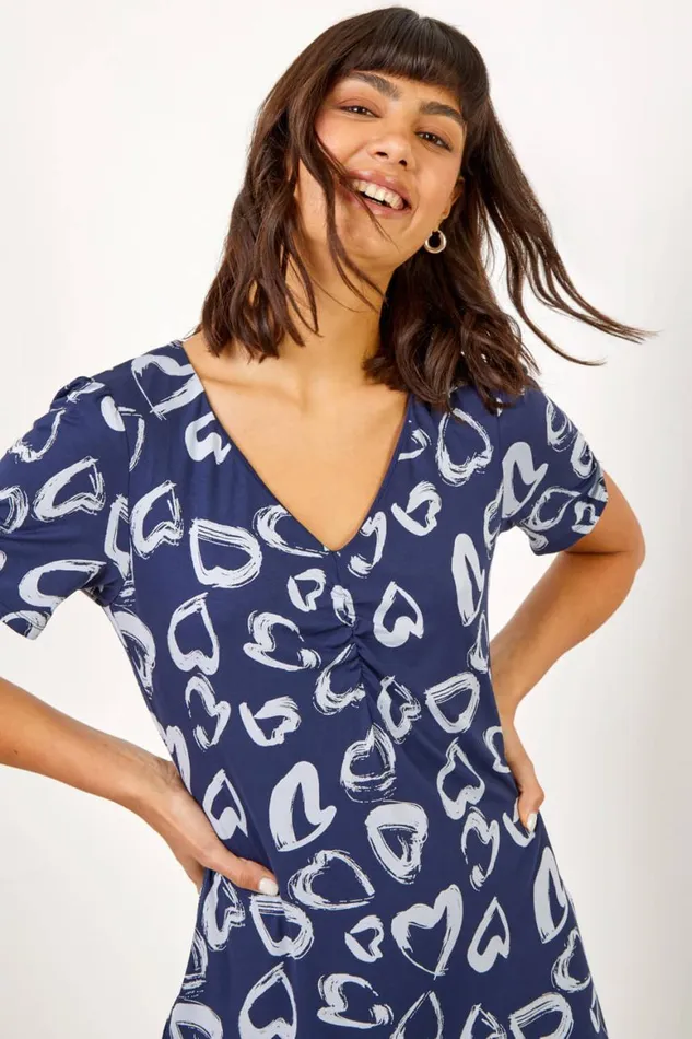 Women Navy Heart Print Frill Jersey Dress Roman Dresses