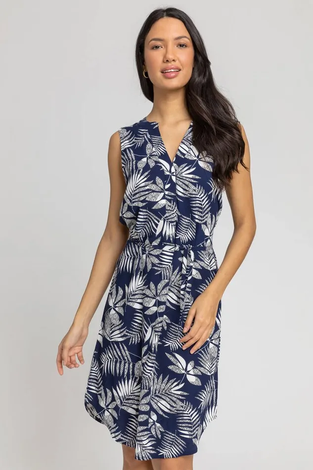 Women Navy Leaf Print Belted Shift Dress Roman Dresses