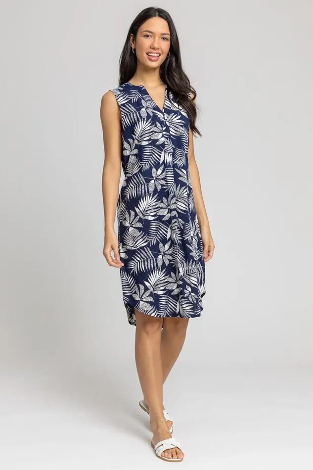 Women Navy Leaf Print Belted Shift Dress Roman Dresses