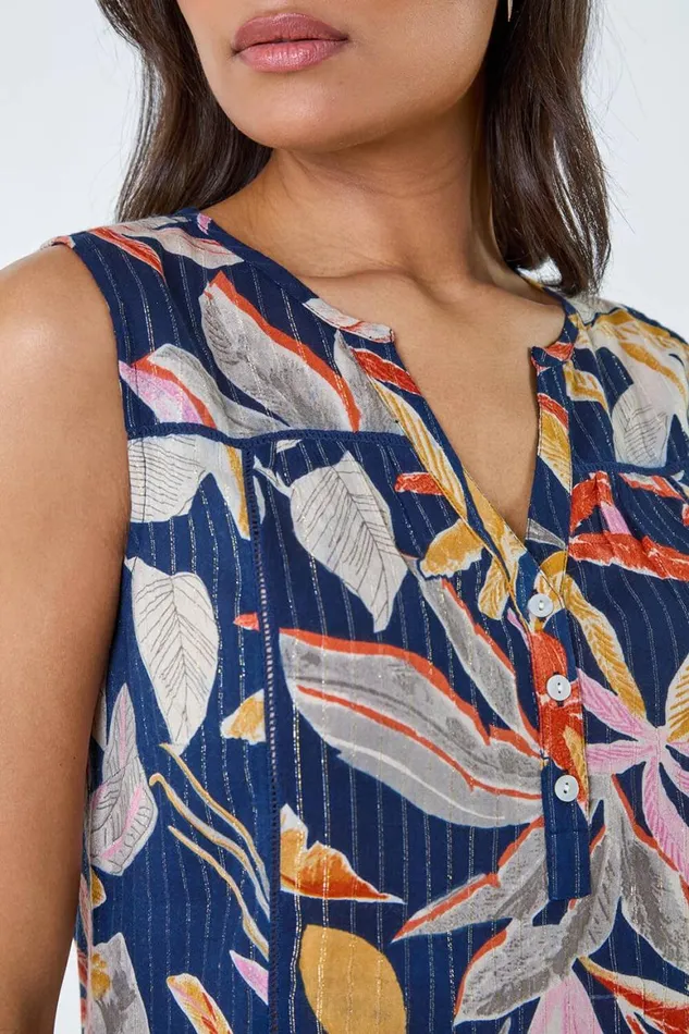 Women Navy Leaf Print Shimmer Stripe Vest Top Roman Tops