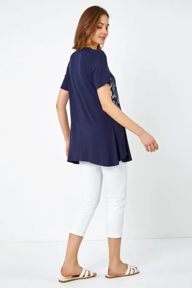 Women Navy Metallic Animal Print TShirt Roman Tops