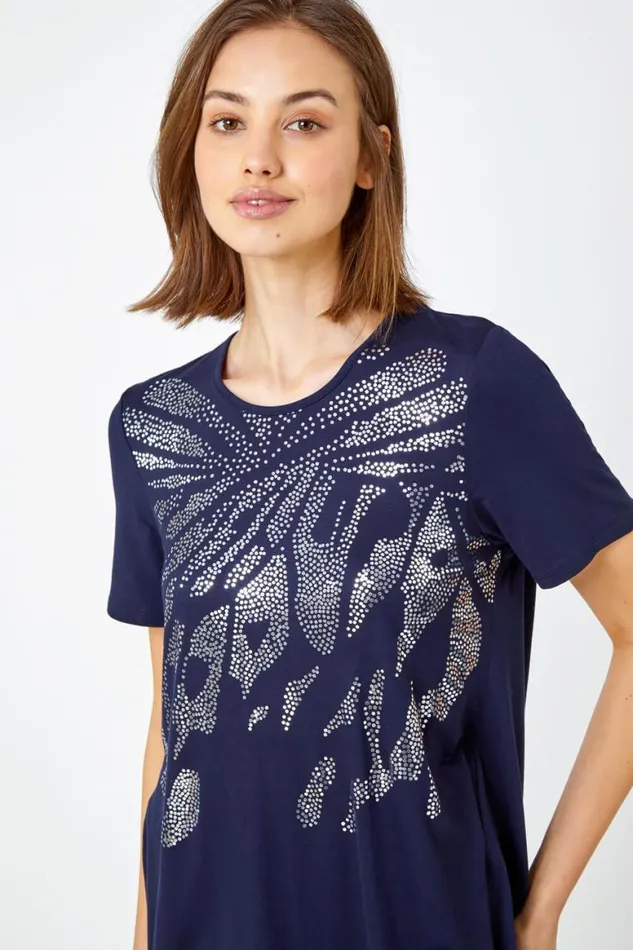Women Navy Metallic Animal Print TShirt Roman Tops