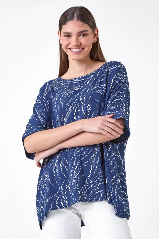 Women Navy Metallic Foil Button Back Oversized TShirt Roman Occasionwear