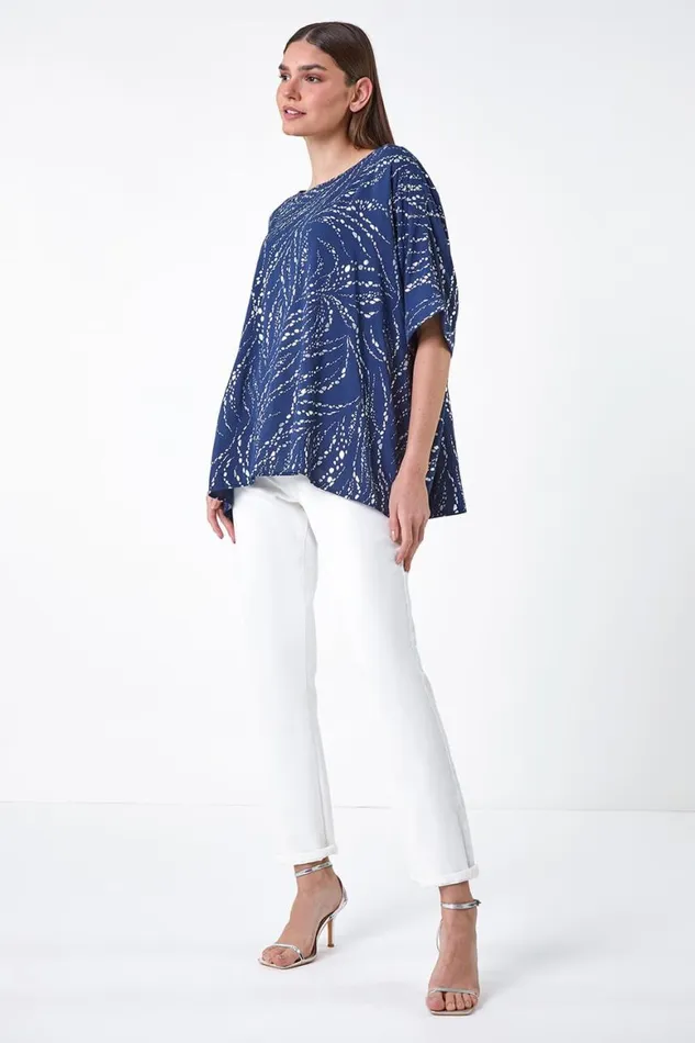 Women Navy Metallic Foil Button Back Oversized TShirt Roman Occasionwear