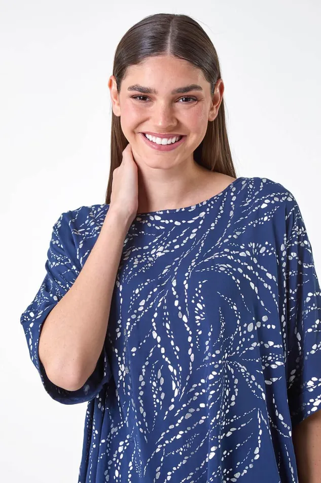 Women Navy Metallic Foil Button Back Oversized TShirt Roman Occasionwear