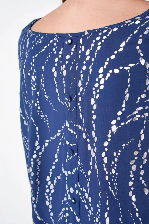 Women Navy Metallic Foil Button Back Oversized TShirt Roman Occasionwear