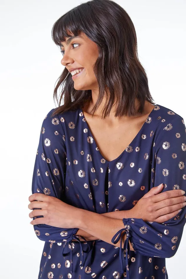 Women Navy Metallic Spot Print VNeck Blouson Top Roman Tops