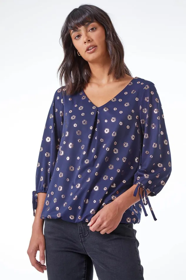 Women Navy Metallic Spot Print VNeck Blouson Top Roman Tops