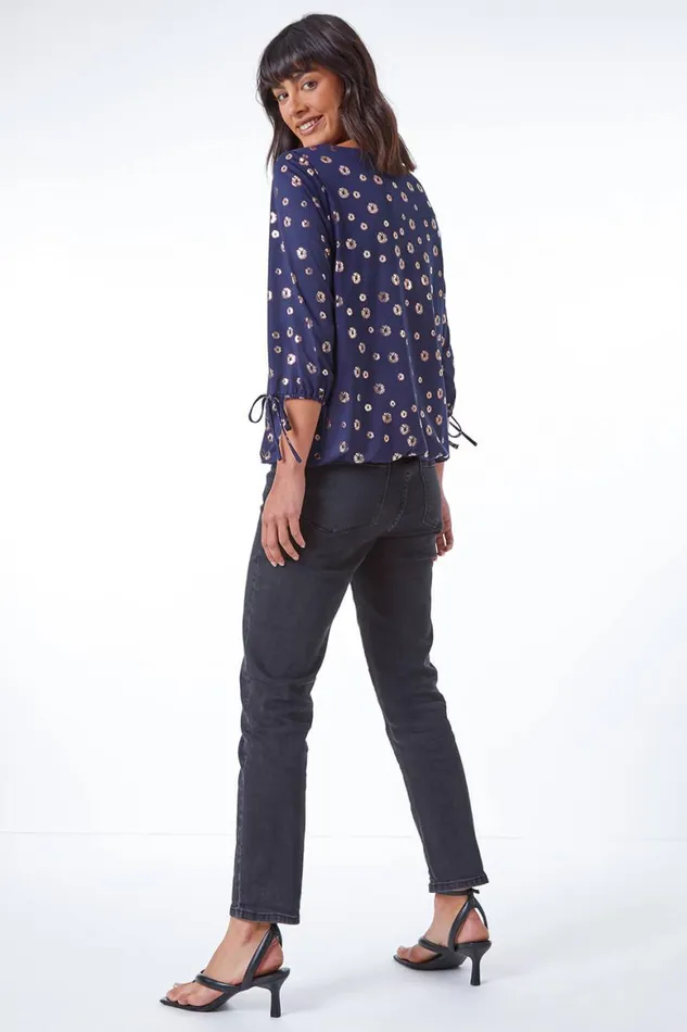 Women Navy Metallic Spot Print VNeck Blouson Top Roman Tops