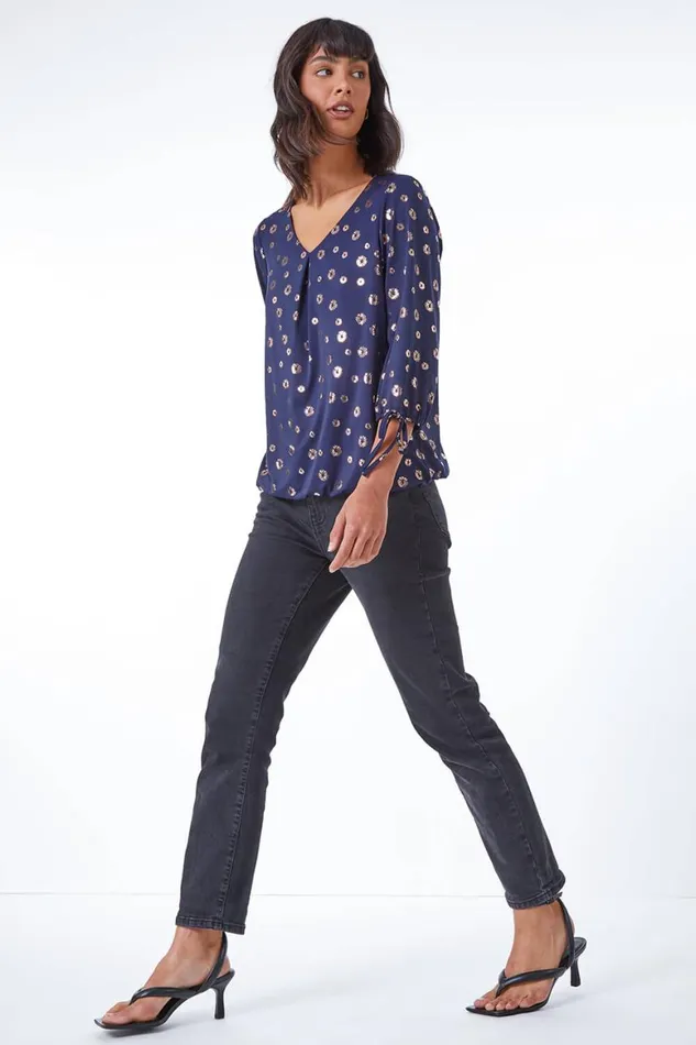 Women Navy Metallic Spot Print VNeck Blouson Top Roman Tops