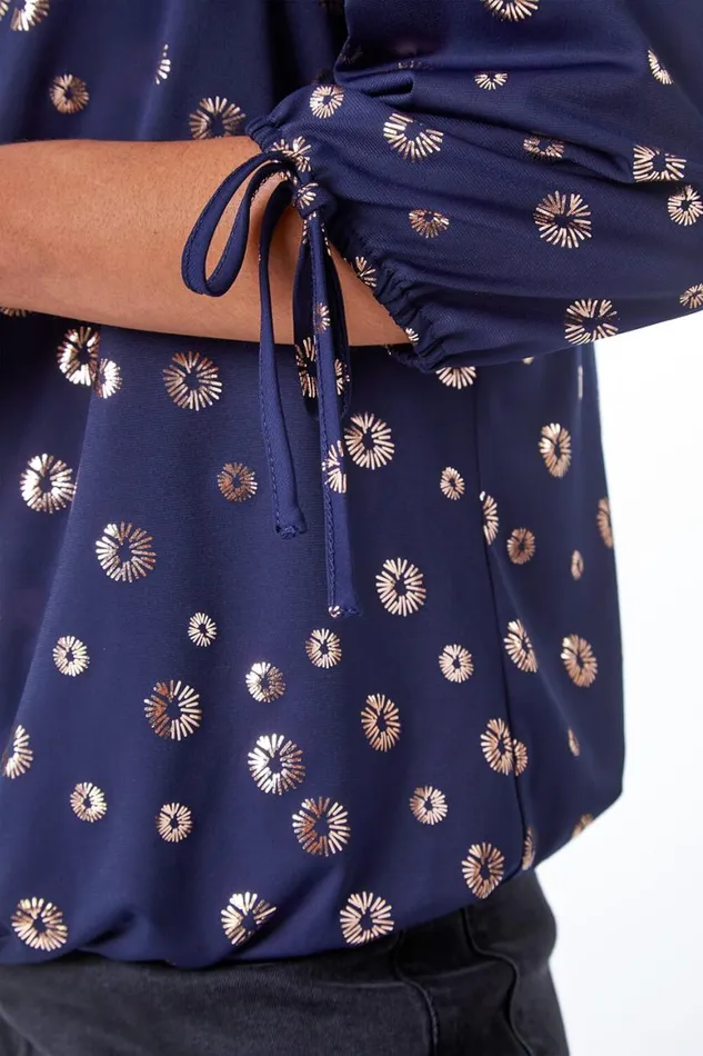 Women Navy Metallic Spot Print VNeck Blouson Top Roman Tops
