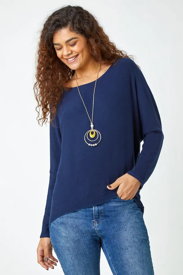 Women Navy Necklace Detail Stretch Knit Top Roman Tops