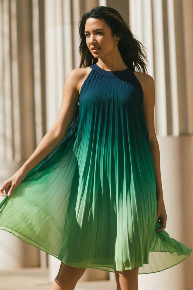Women Navy Ombre Halter Neck Pleated Chiffon Swing Dress Roman Dresses