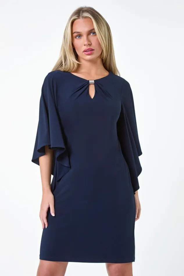 Women Navy Petite Asymmetric Sleeve Shift Dress Roman Dresses
