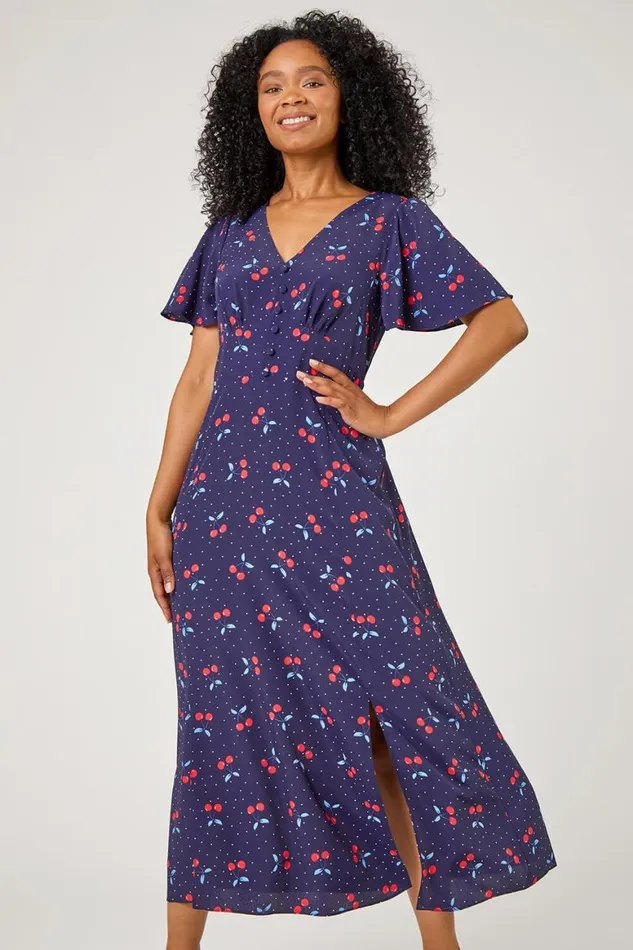 Women Navy Petite Cherry Spot Print Fit and Flare Dress Roman Dresses