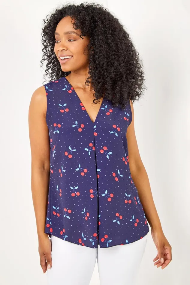 Women Navy Petite Cherry Spot Print Pleat Front Top Roman Tops