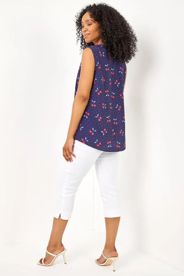 Women Navy Petite Cherry Spot Print Pleat Front Top Roman Tops