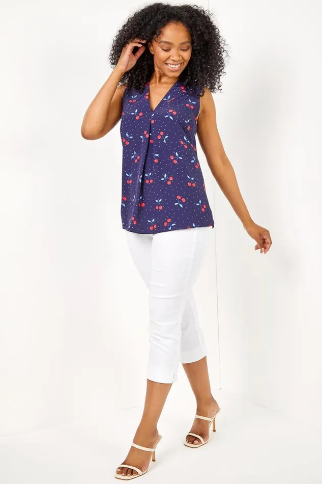 Women Navy Petite Cherry Spot Print Pleat Front Top Roman Tops