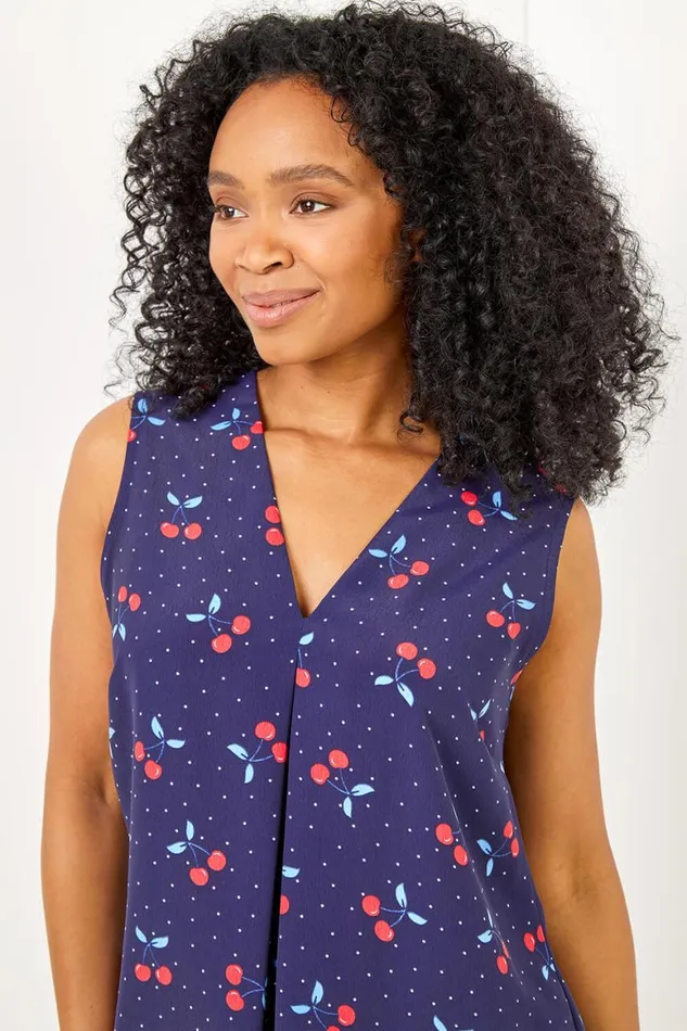 Women Navy Petite Cherry Spot Print Pleat Front Top Roman Tops