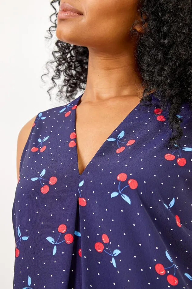 Women Navy Petite Cherry Spot Print Pleat Front Top Roman Tops