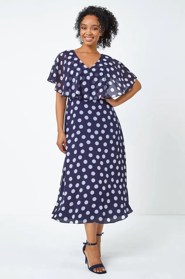 Women Navy Petite Chiffon Polka Dot Midi Dress Roman Dresses