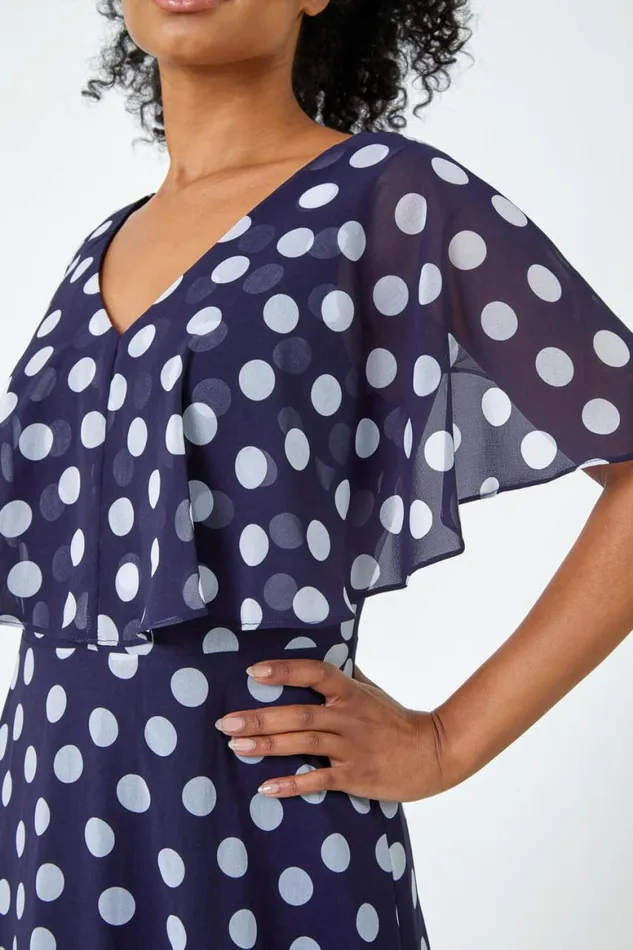 Women Navy Petite Chiffon Polka Dot Midi Dress Roman Dresses