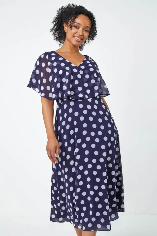 Women Navy Petite Chiffon Polka Dot Midi Dress Roman Dresses