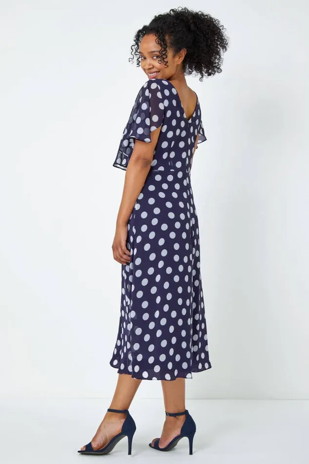 Women Navy Petite Chiffon Polka Dot Midi Dress Roman Dresses