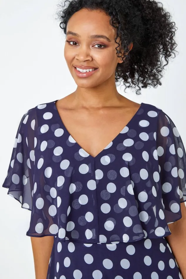 Women Navy Petite Chiffon Polka Dot Midi Dress Roman Dresses
