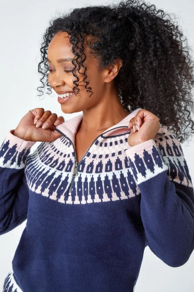 Women Navy Petite Fairisle Zip Detail Jumper Roman Knitwear