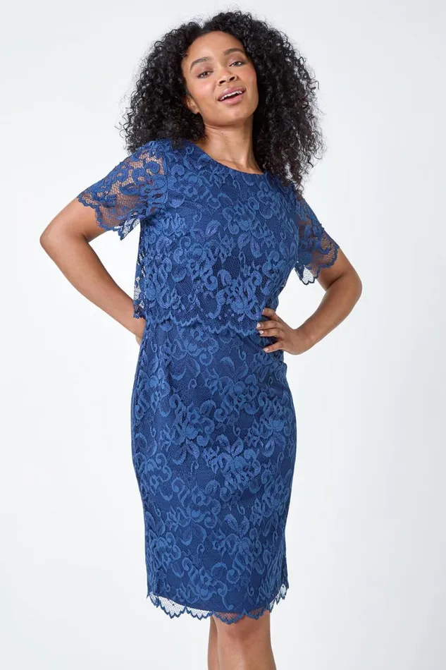 Women Navy Petite Lace Overlay Stretch Dress Roman Dresses