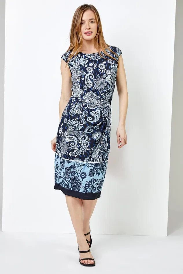 Women Navy Petite Paisley Print Tie Waist Dress Roman Dresses