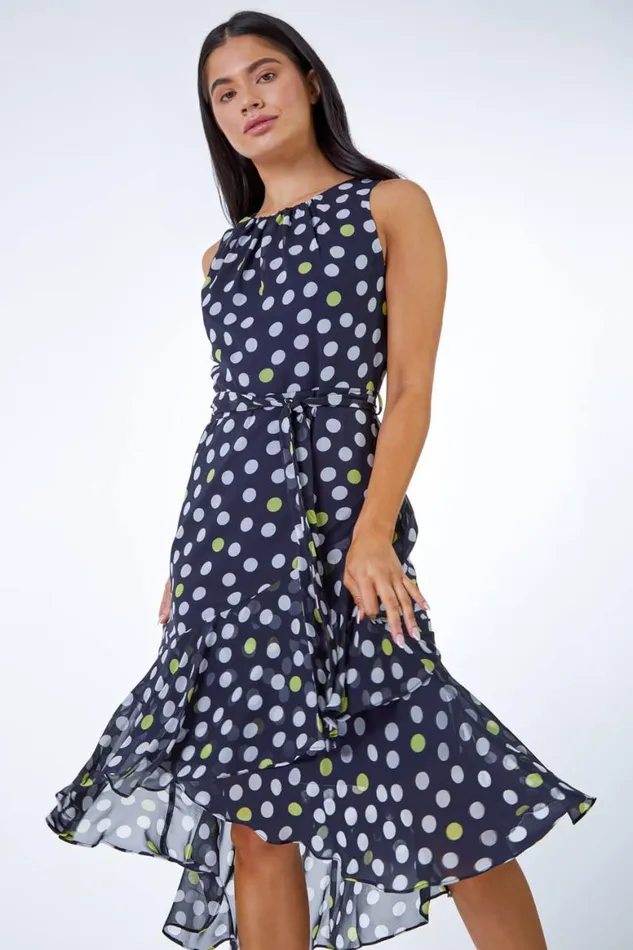Women Navy Petite Spot Print Frill Trim Dress Roman Dresses