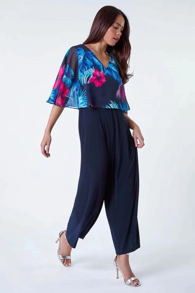 Women Navy Petite Tropical Chiffon Overlay Jumpsuit Roman Dresses