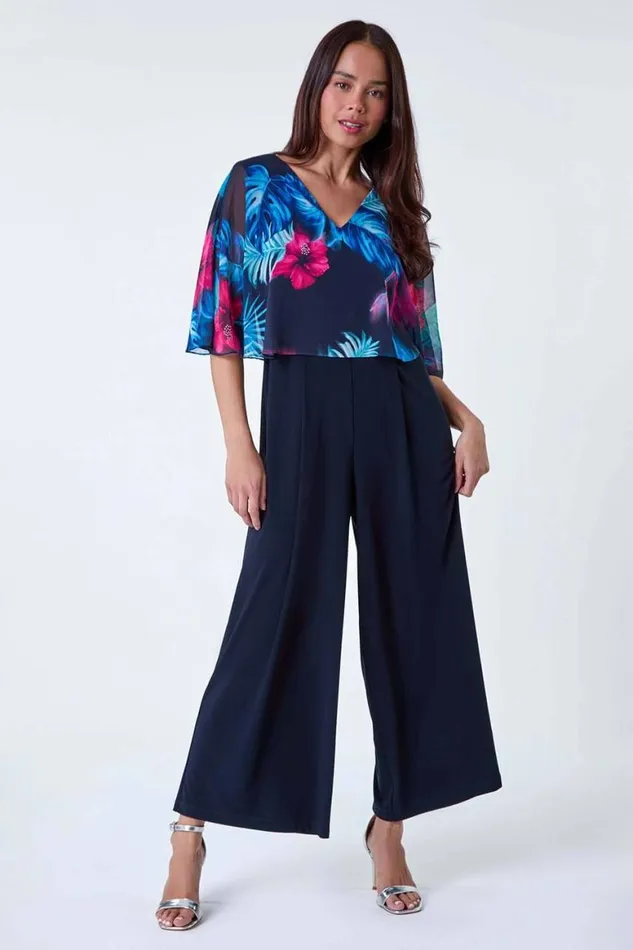 Women Navy Petite Tropical Chiffon Overlay Jumpsuit Roman Dresses