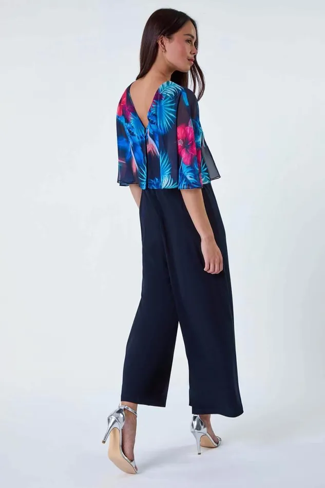 Women Navy Petite Tropical Chiffon Overlay Jumpsuit Roman Dresses