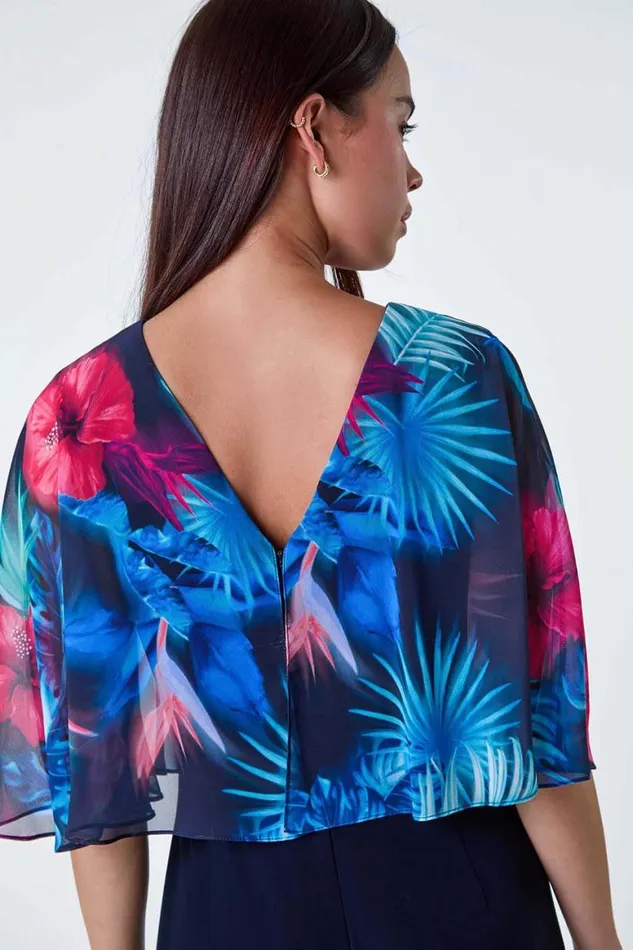 Women Navy Petite Tropical Chiffon Overlay Jumpsuit Roman Dresses