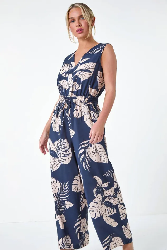 Women Navy Petite Tropical Leaf Print Pocket Jumpsuit Roman Dresses