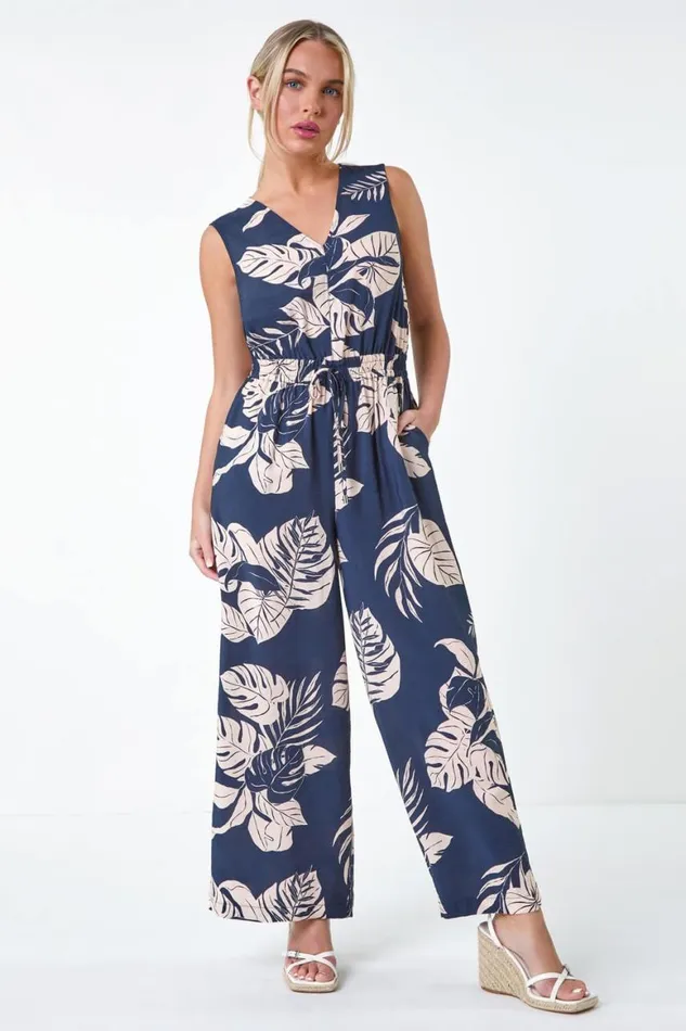 Women Navy Petite Tropical Leaf Print Pocket Jumpsuit Roman Dresses