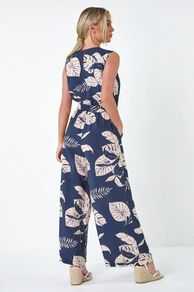 Women Navy Petite Tropical Leaf Print Pocket Jumpsuit Roman Dresses