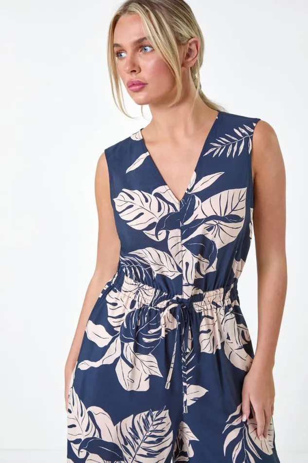 Women Navy Petite Tropical Leaf Print Pocket Jumpsuit Roman Dresses