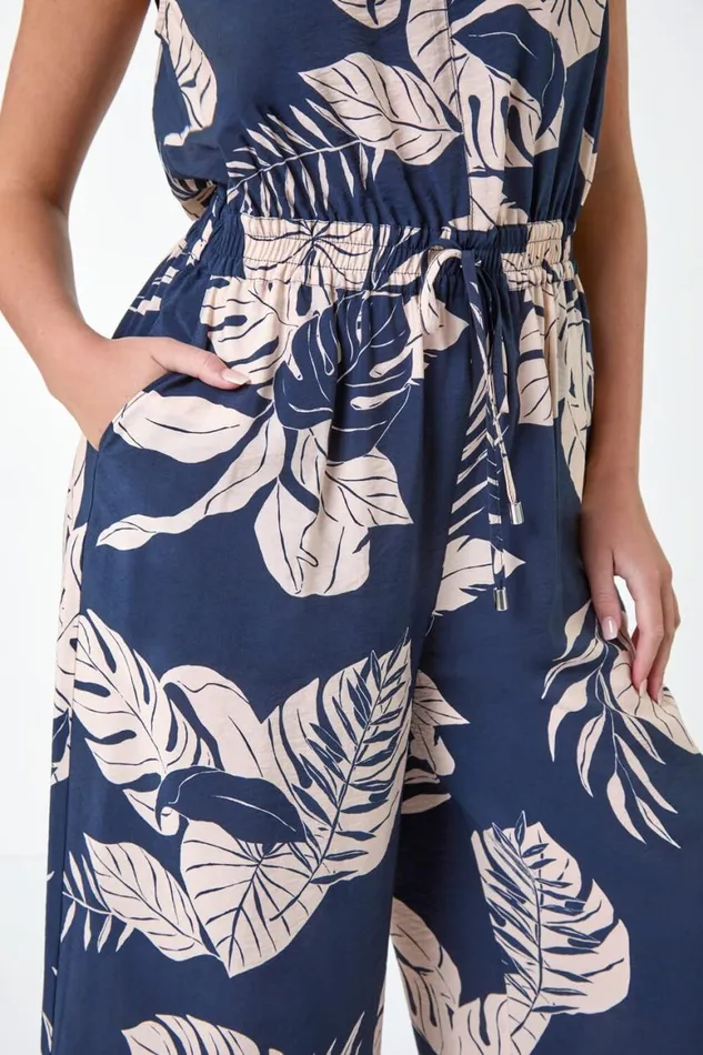 Women Navy Petite Tropical Leaf Print Pocket Jumpsuit Roman Dresses