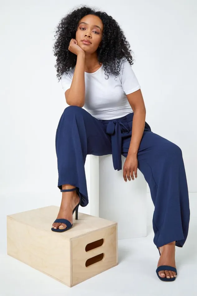Women Navy Petite Wide Leg Belted Trouser Roman Trousers