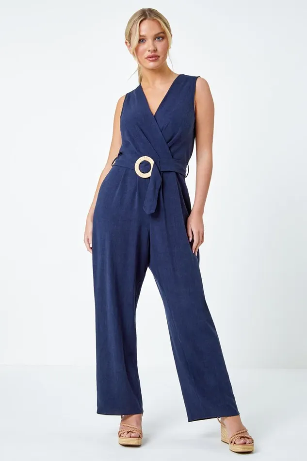 Women Navy Petite Wide Leg Straw Buckle Jumpsuit Roman Dresses