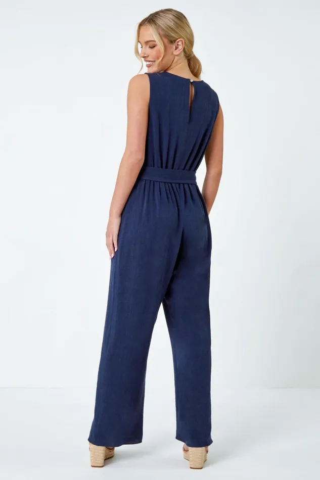 Women Navy Petite Wide Leg Straw Buckle Jumpsuit Roman Dresses