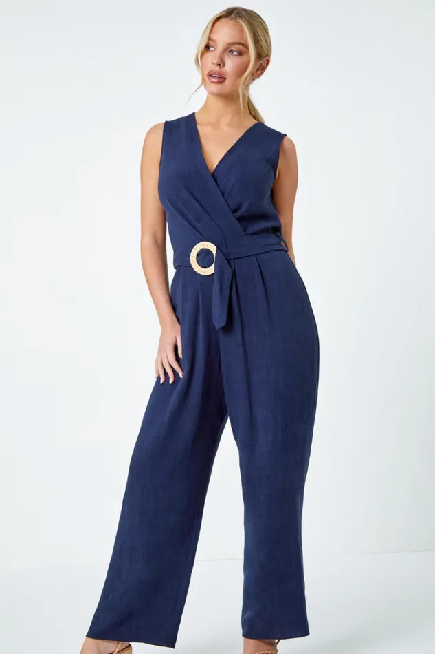 Women Navy Petite Wide Leg Straw Buckle Jumpsuit Roman Dresses