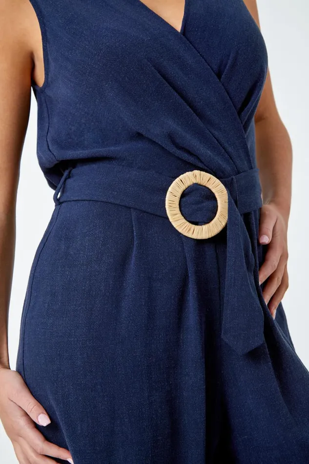Women Navy Petite Wide Leg Straw Buckle Jumpsuit Roman Dresses
